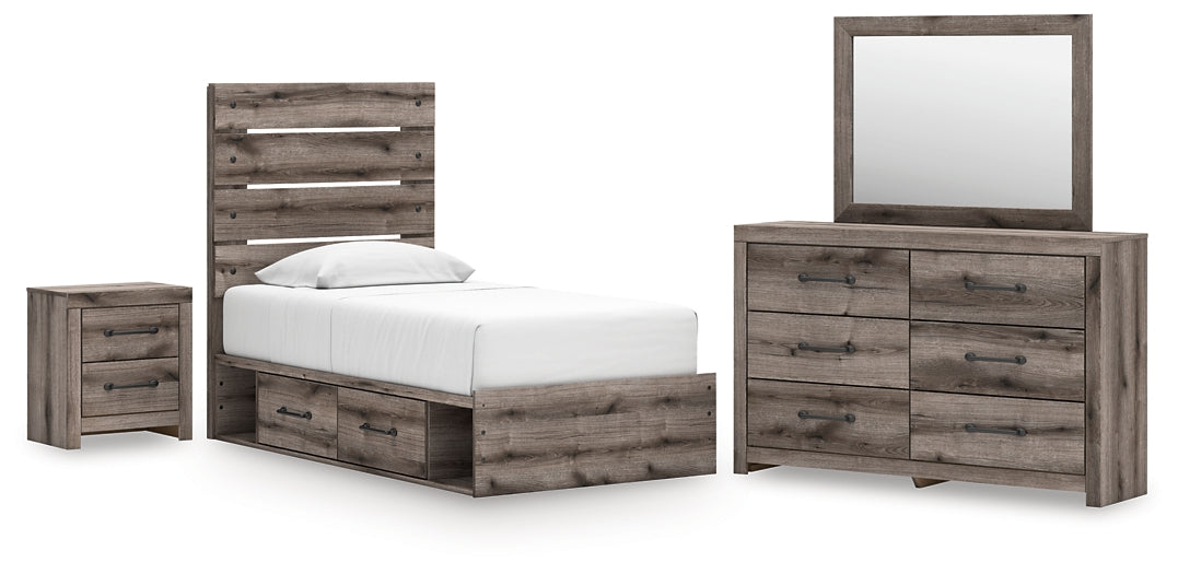 Graystorm Twin Panel Bed with Storage with Mirrored Dresser and Nightstand Signature Design by Ashley®