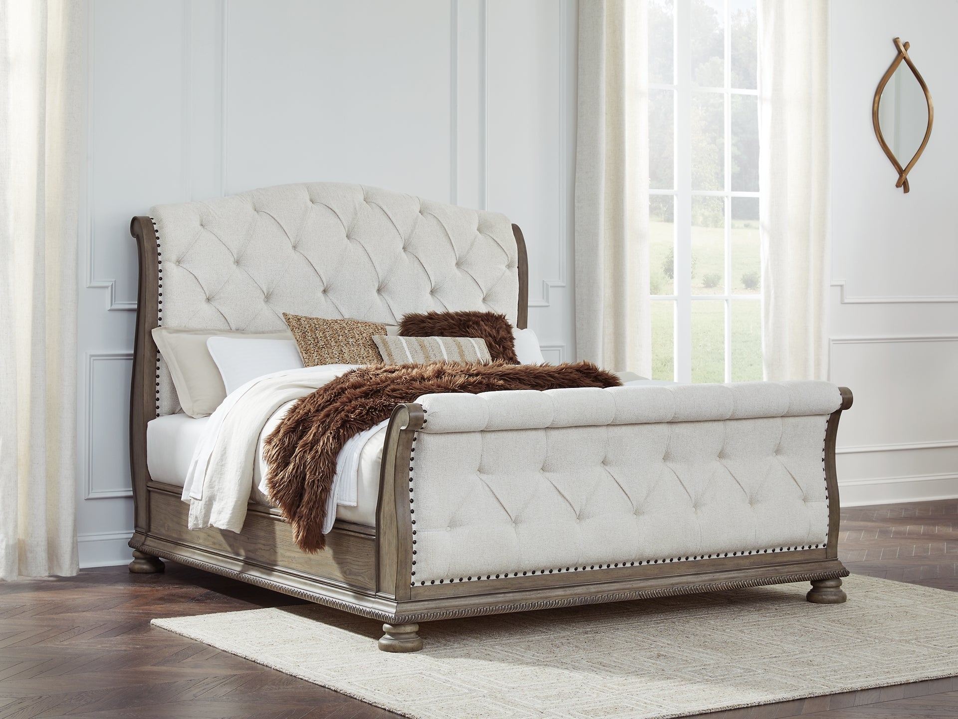 Ardenfield California King Upholstered Sleigh Bed with Mirrored Dresser Signature Design by Ashley®