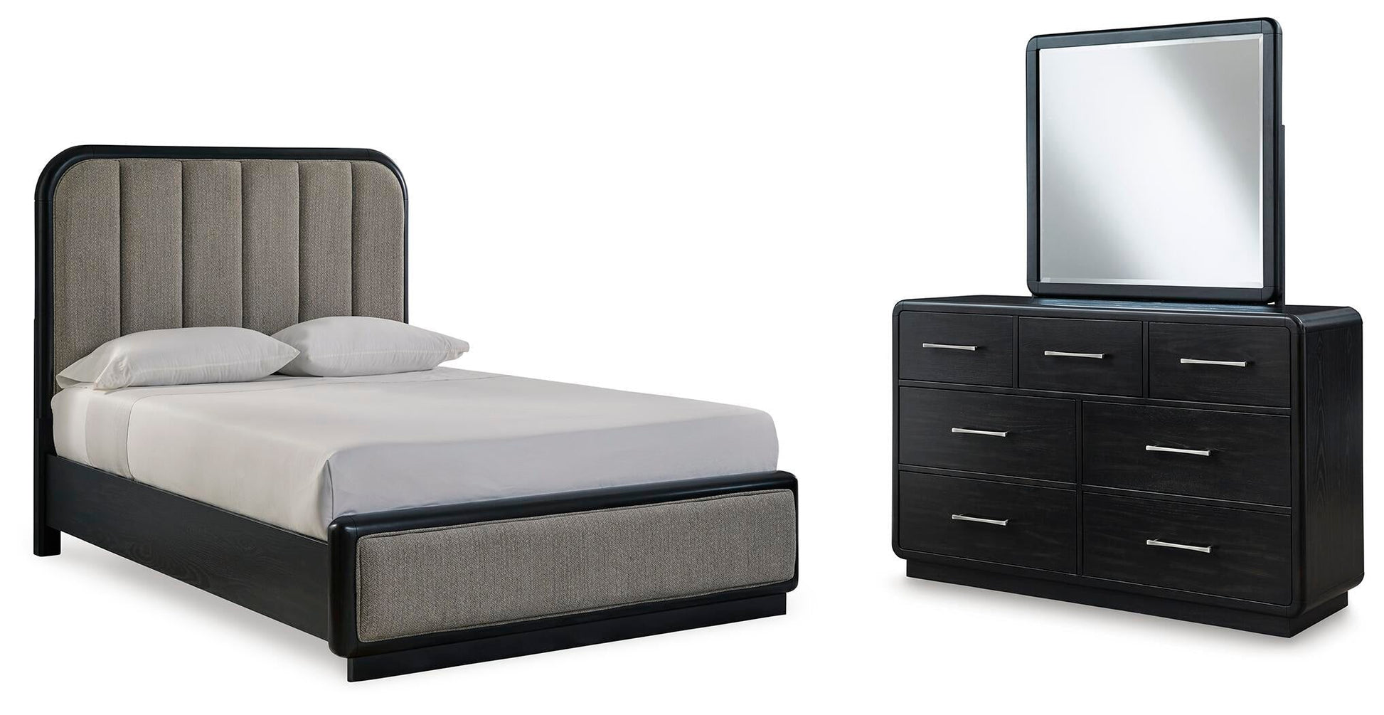 Rowanbeck  Upholstered Panel Bed With Mirrored Dresser Signature Design by Ashley®