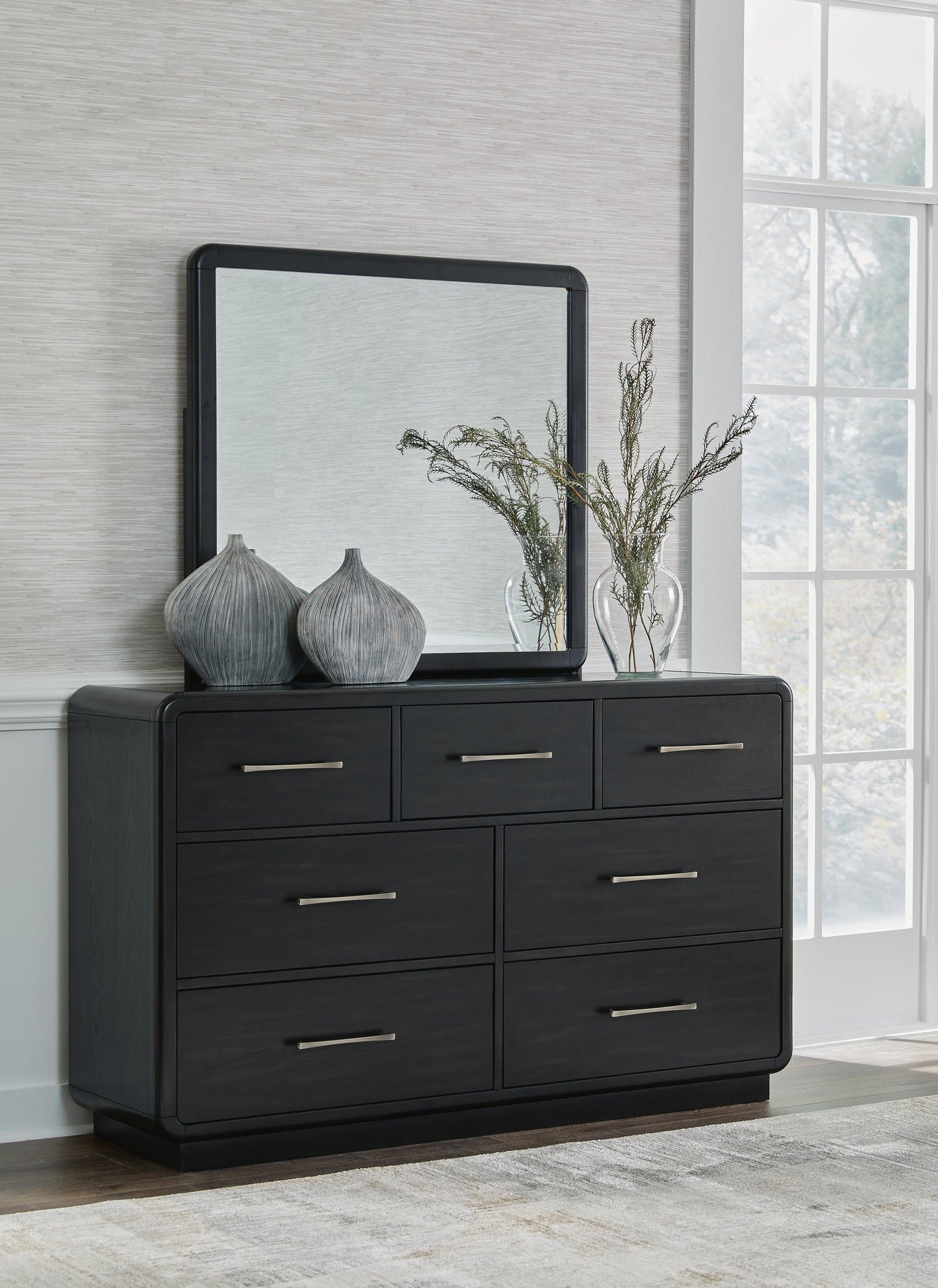 Rowanbeck  Upholstered Panel Bed With Mirrored Dresser Signature Design by Ashley®