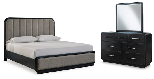 Rowanbeck California  Upholstered Panel Bed With Mirrored Dresser Signature Design by Ashley®