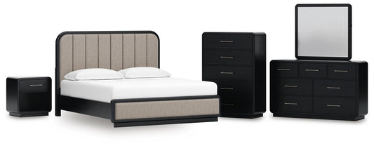 Rowanbeck  Upholstered Panel Bed, Dresser, Mirror, Chest And Nightstand Signature Design by Ashley®