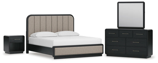 Rowanbeck  Upholstered Panel Bed, Dresser, Mirror And Nightstand Signature Design by Ashley®