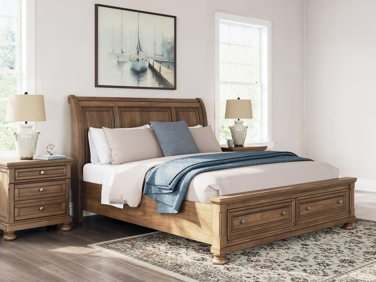 Vandenmore California  Storage Sleigh Bed With Mirrored Dresser And Nightstand