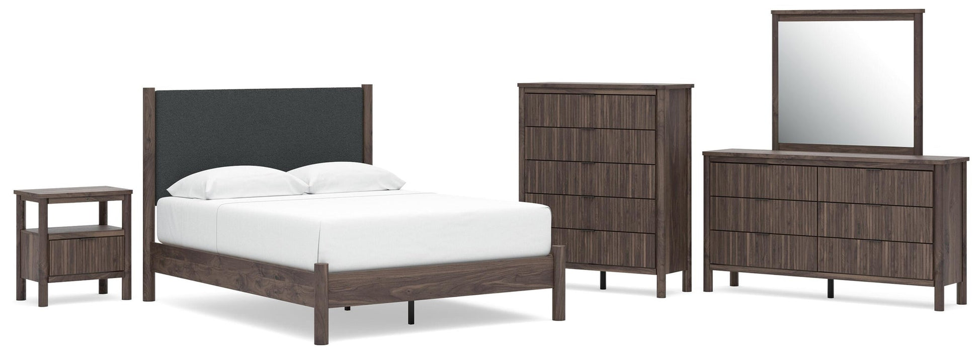 Cadmori  Upholstered Panel Platform Bed, Dresser, Mirror, Chest And Nightstand Signature Design by Ashley®