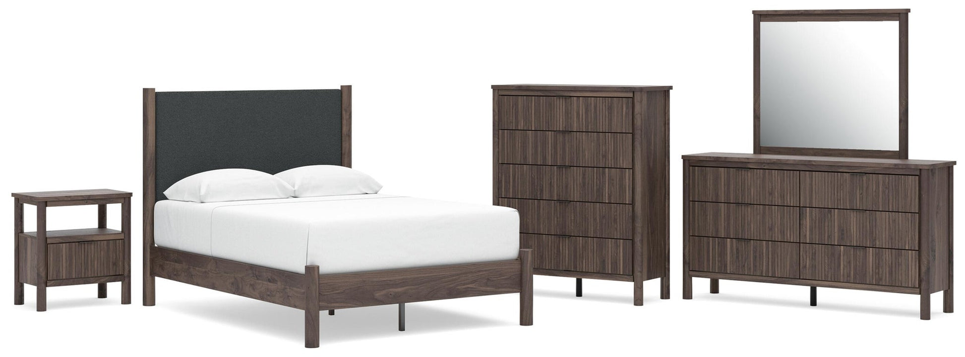 Cadmori  Upholstered Panel Platform Bed, Dresser, Mirror, Chest And Nightstand Signature Design by Ashley®
