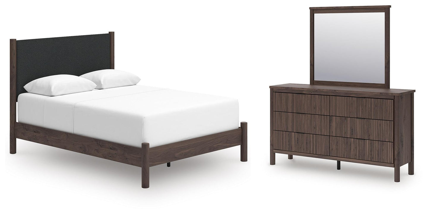 Cadmori  Upholstered Panel Bed, Dresser And Mirror