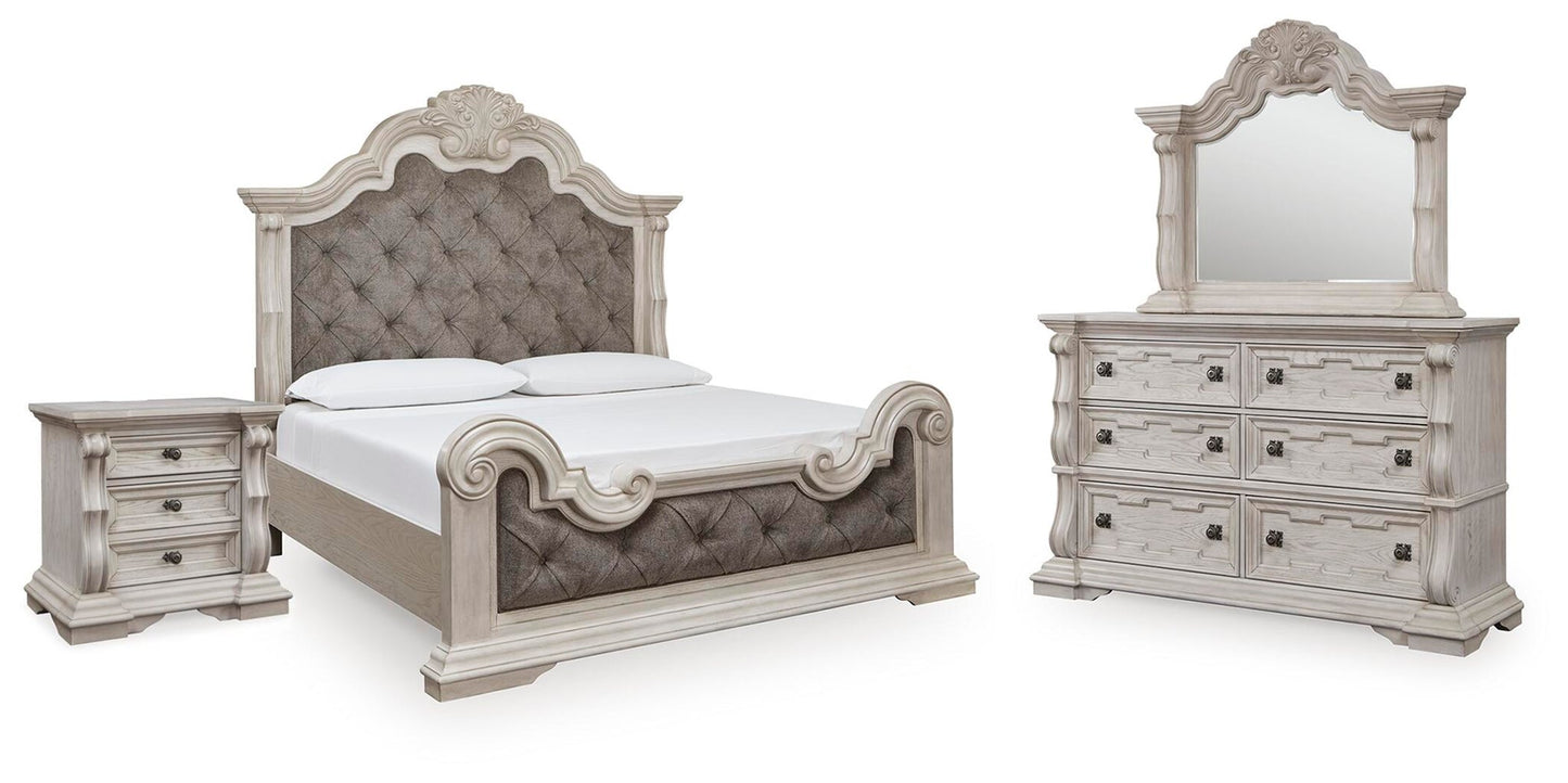 Andonhall California  Upholstered Panel Bed With Mirrored Dresser And Nightstand Signature Design by Ashley®