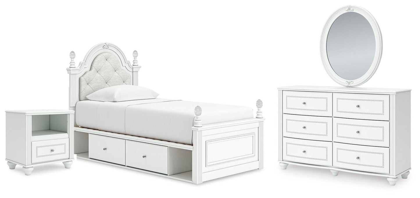 Maylilly  Upholstered Panel Storage Bed, Dresser, Mirror And Nightstand Signature Design by Ashley®