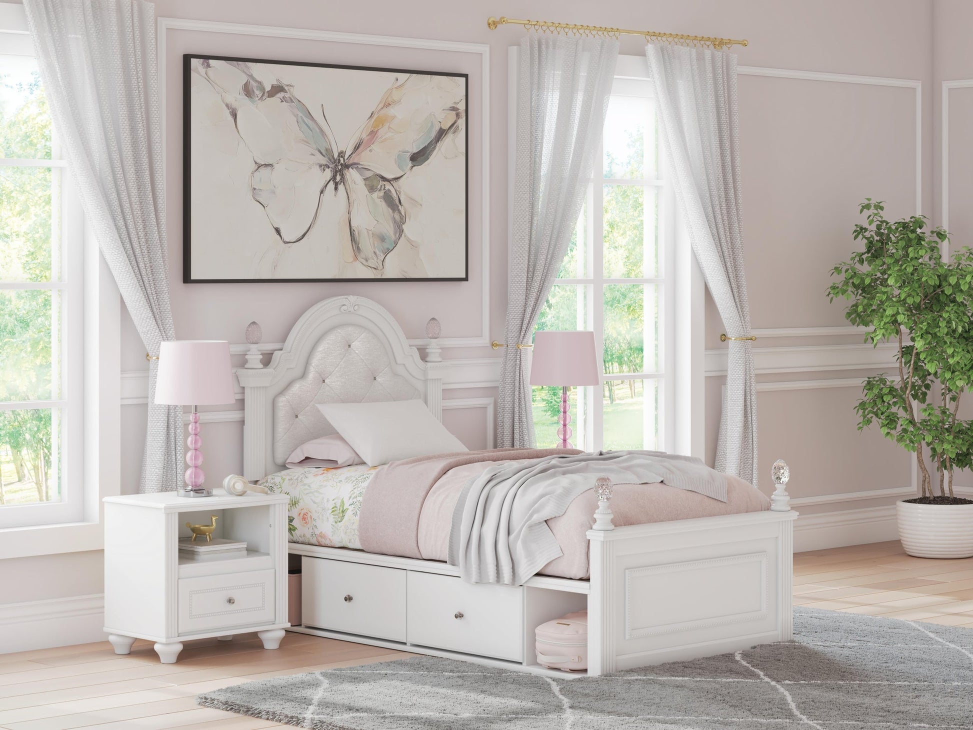 Maylilly  Upholstered Panel Storage Bed, Dresser, Mirror And Nightstand Signature Design by Ashley®