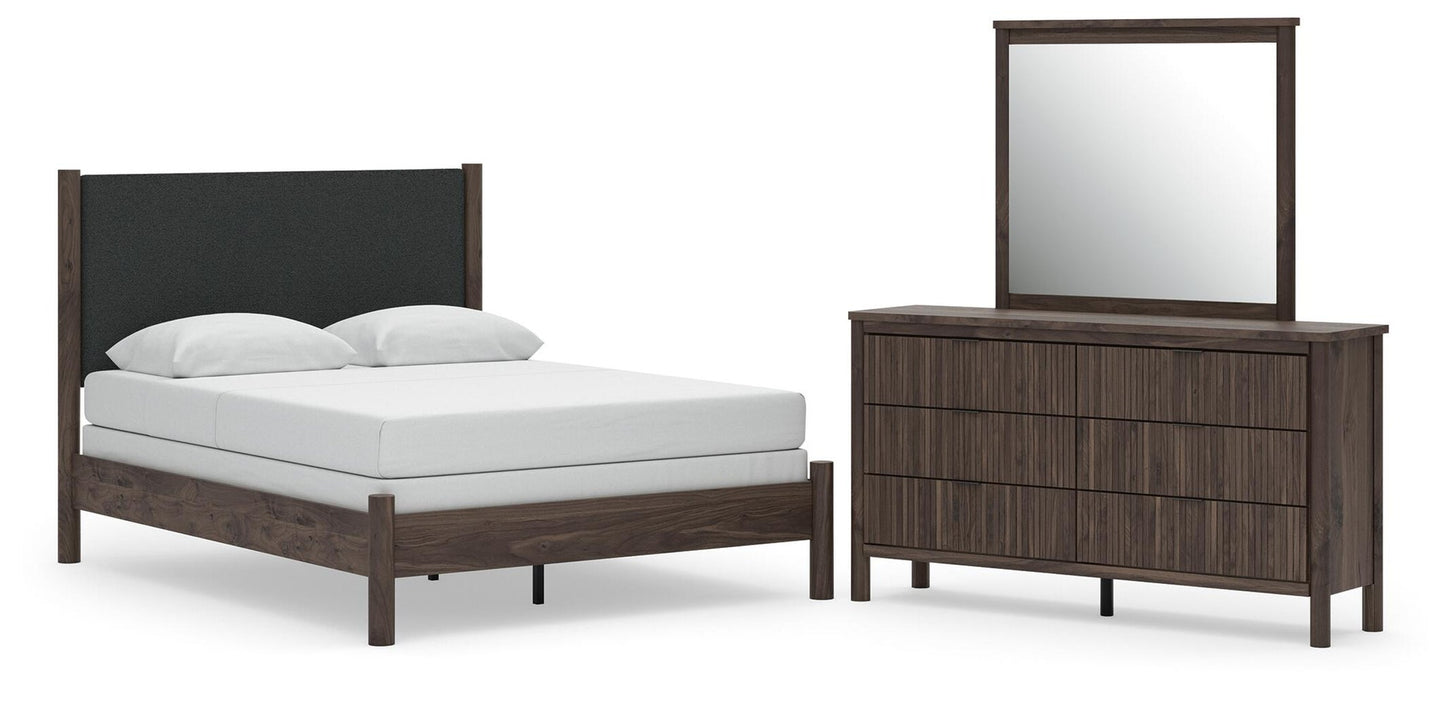 Cadmori  Upholstered Panel Bed, Dresser And Mirror