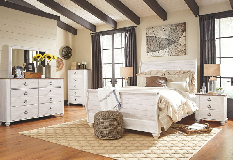 Willowton - Whitewash - 5 Pc. - Dresser, Mirror, Queen Sleigh Bed Signature Design by Ashley®