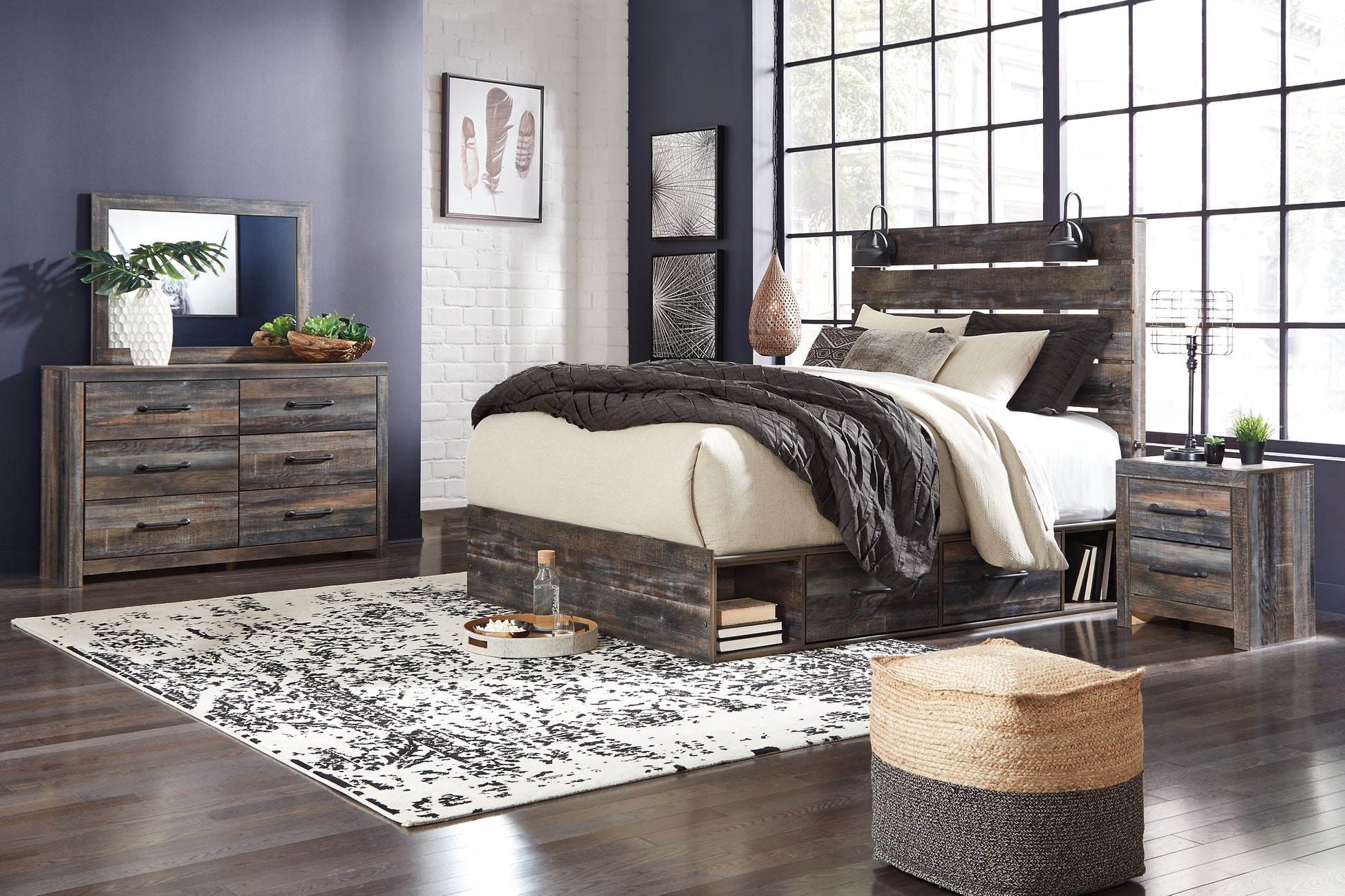 Drystan King Panel Bed with 4 Storage Drawers with Mirrored Dresser, Chest and 2 Nightstands Signature Design by Ashley®