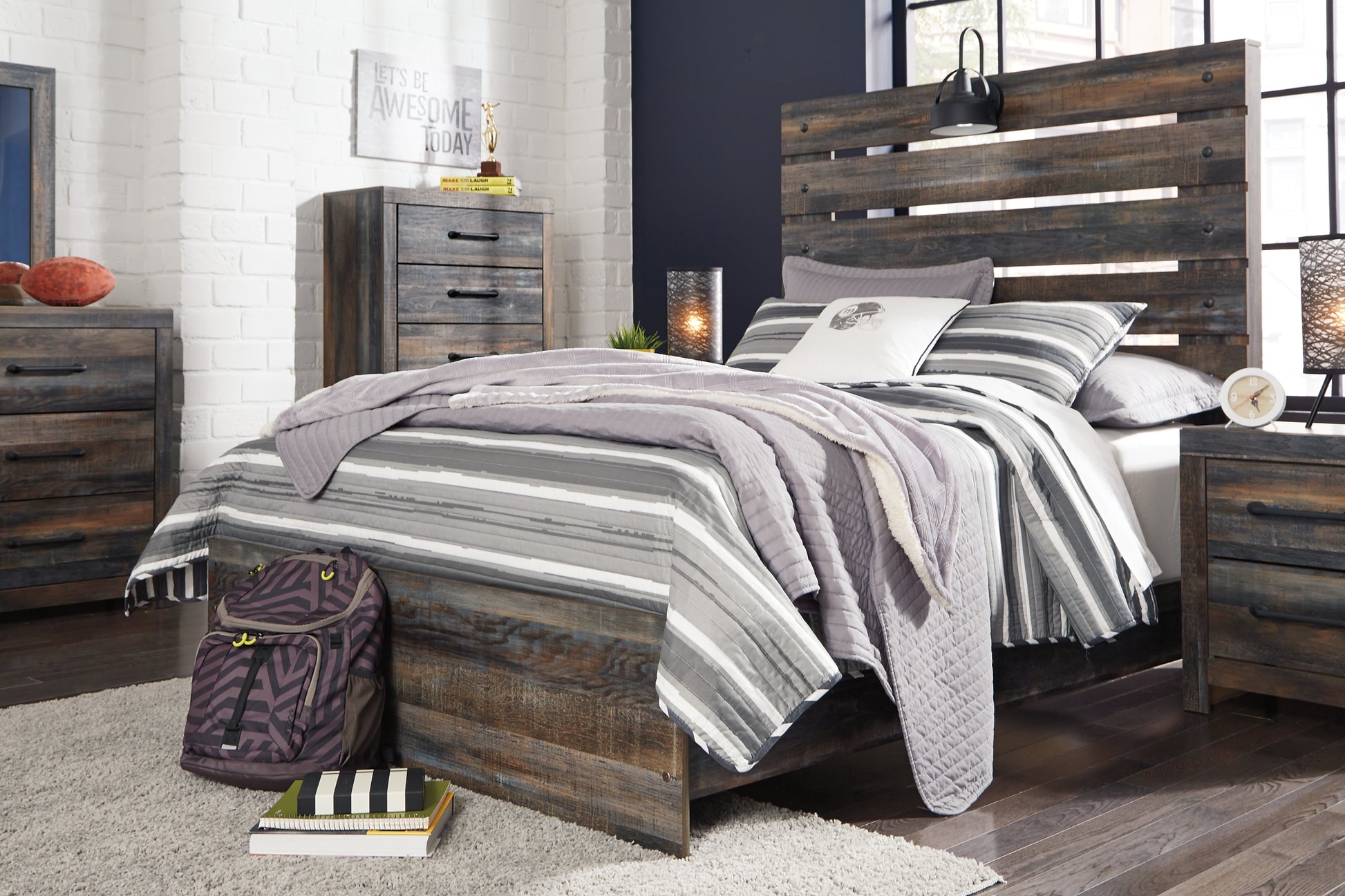 Drystan Full Panel Bed with 4 Storage Drawers with Mirrored Dresser and Chest Signature Design by Ashley®