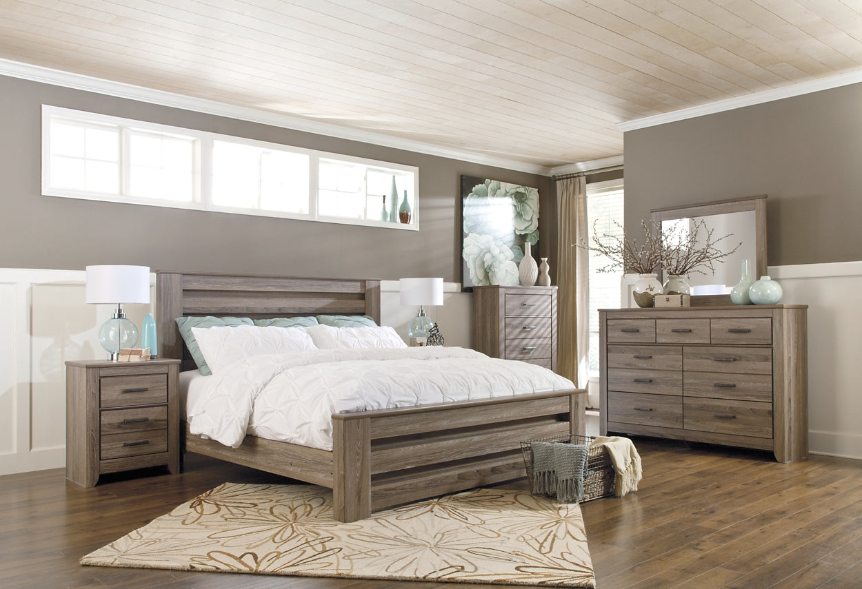 Zelen King Panel Bed with Mirrored Dresser, Chest and Nightstand Signature Design by Ashley®