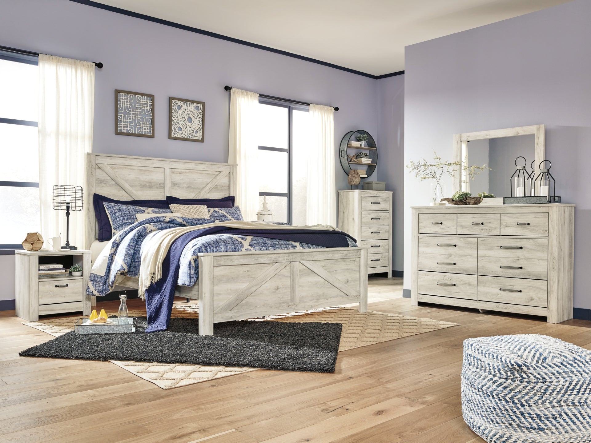 Bellaby Queen Crossbuck Panel Bed with Mirrored Dresser, Chest and Nightstand Signature Design by Ashley®