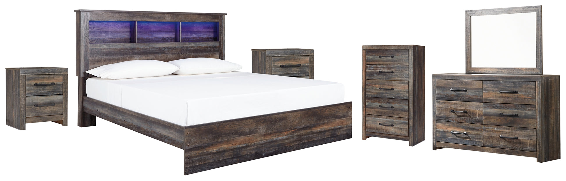 Drystan King Panel Bookcase Bed with Mirrored Dresser, Chest and 2 Nightstands Signature Design by Ashley®