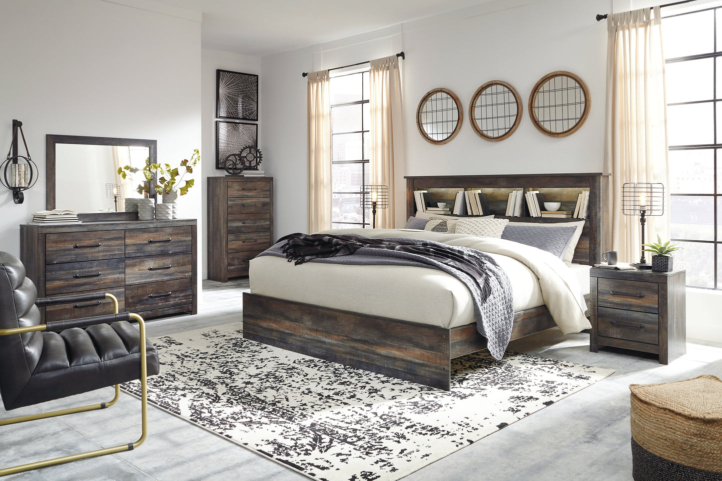Drystan King Panel Bookcase Bed with Mirrored Dresser, Chest and 2 Nightstands Signature Design by Ashley®