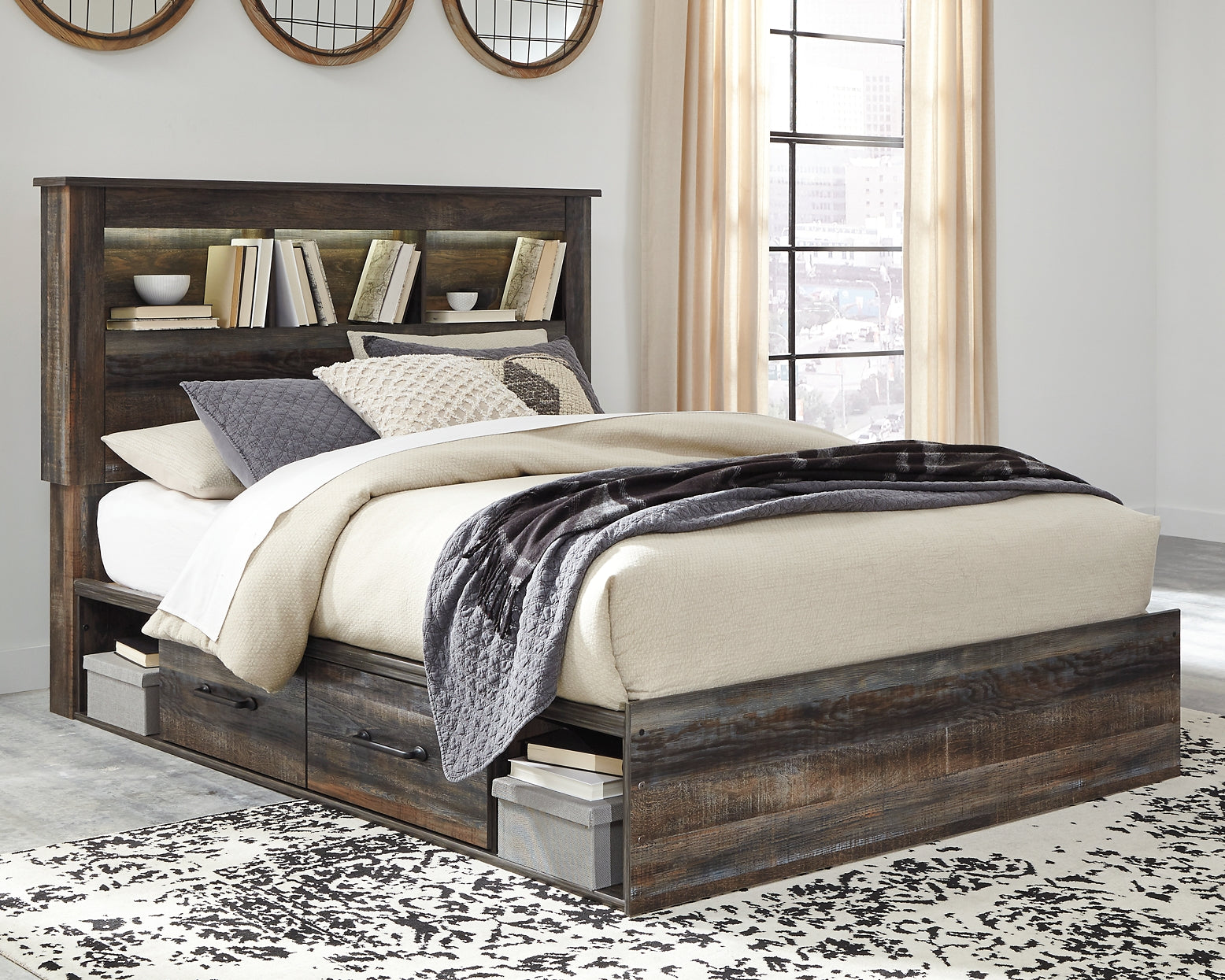 Drystan Queen Bookcase Bed with 4 Storage Drawers with Mirrored Dresser, Chest and Nightstand Signature Design by Ashley®