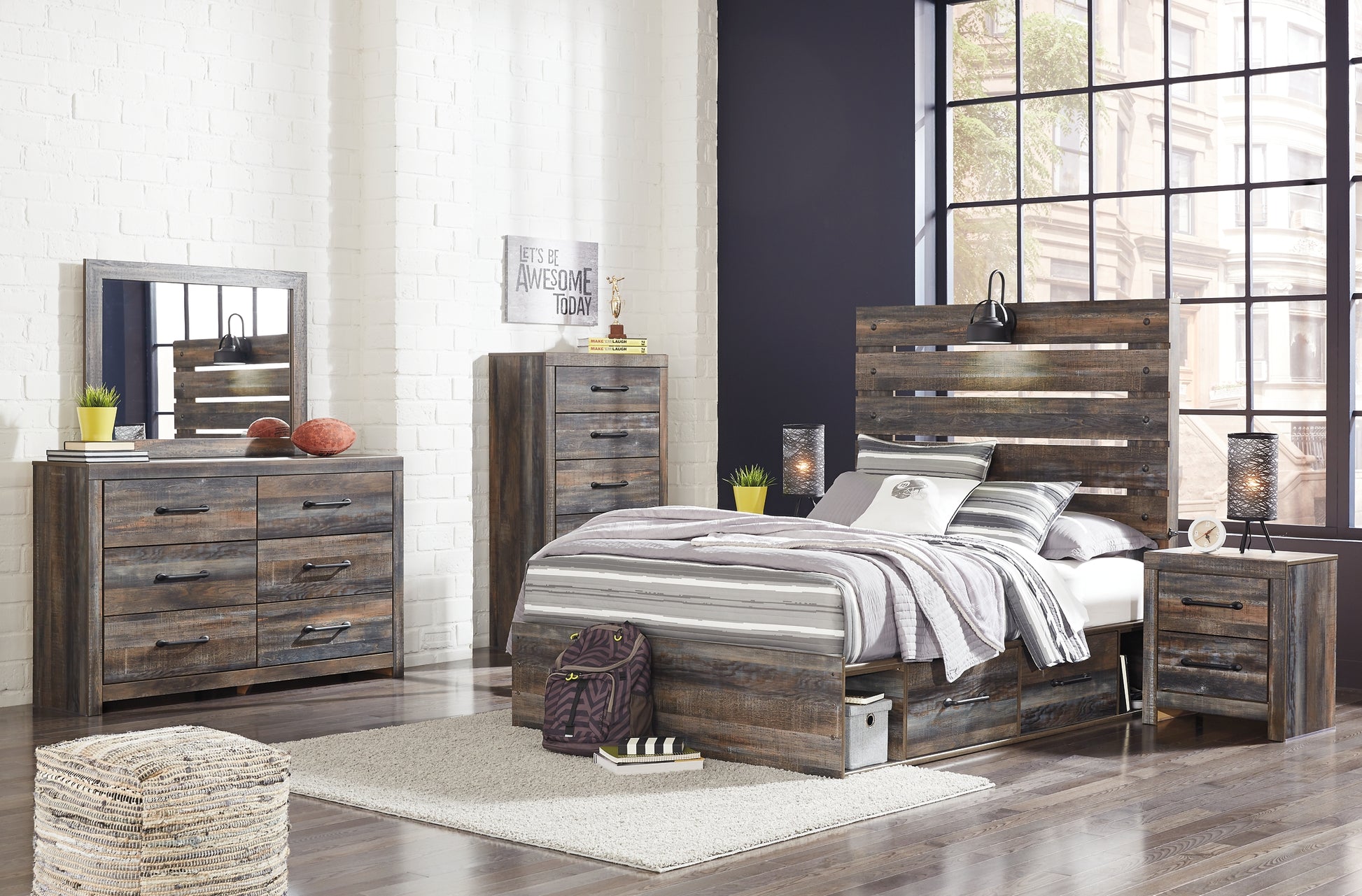 Drystan Twin Panel Bed with 2 Storage Drawers with Mirrored Dresser Signature Design by Ashley®