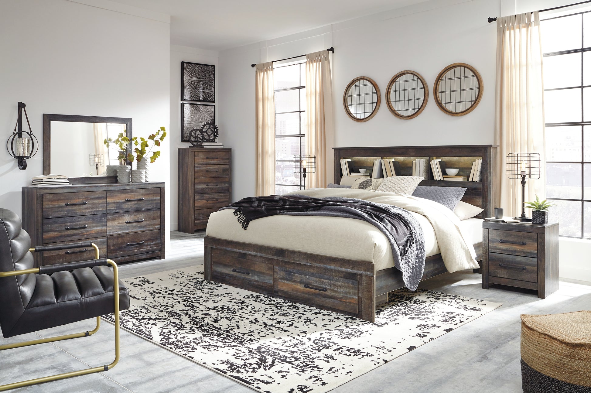 Drystan Queen Bookcase Bed with 2 Storage Drawers with Mirrored Dresser, Chest and 2 Nightstands Signature Design by Ashley®
