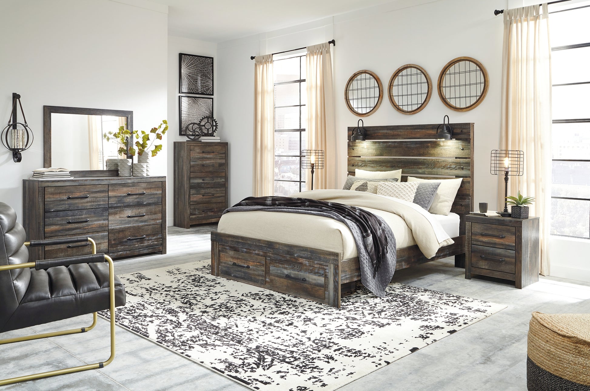 Drystan Queen Panel Bed with 2 Storage Drawers with Mirrored Dresser and 2 Nightstands Signature Design by Ashley®