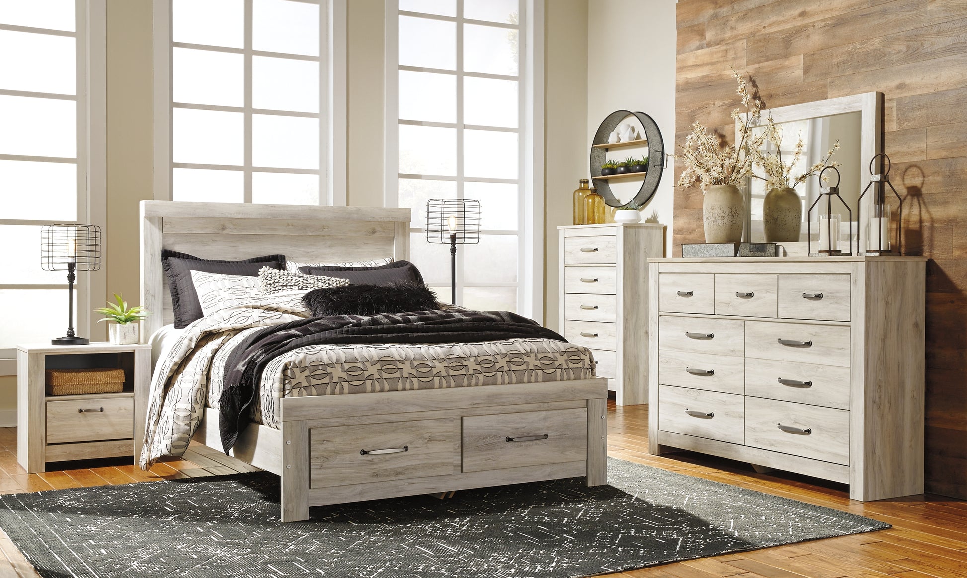 Bellaby Queen Platform Bed with 2 Storage Drawers with Mirrored Dresser, Chest and 2 Nightstands Signature Design by Ashley®