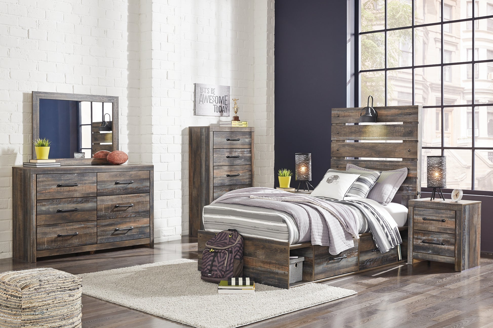 Drystan Twin Panel Bed with 4 Storage Drawers with Mirrored Dresser, Chest and 2 Nightstands Signature Design by Ashley®