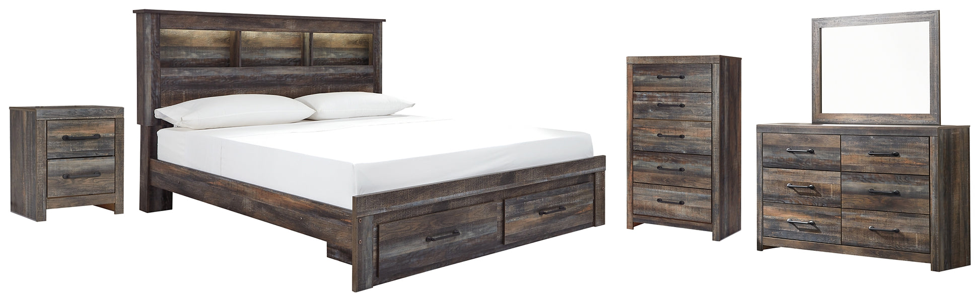 Drystan Queen Bookcase Bed with 2 Storage Drawers with Mirrored Dresser, Chest and Nightstand Signature Design by Ashley®