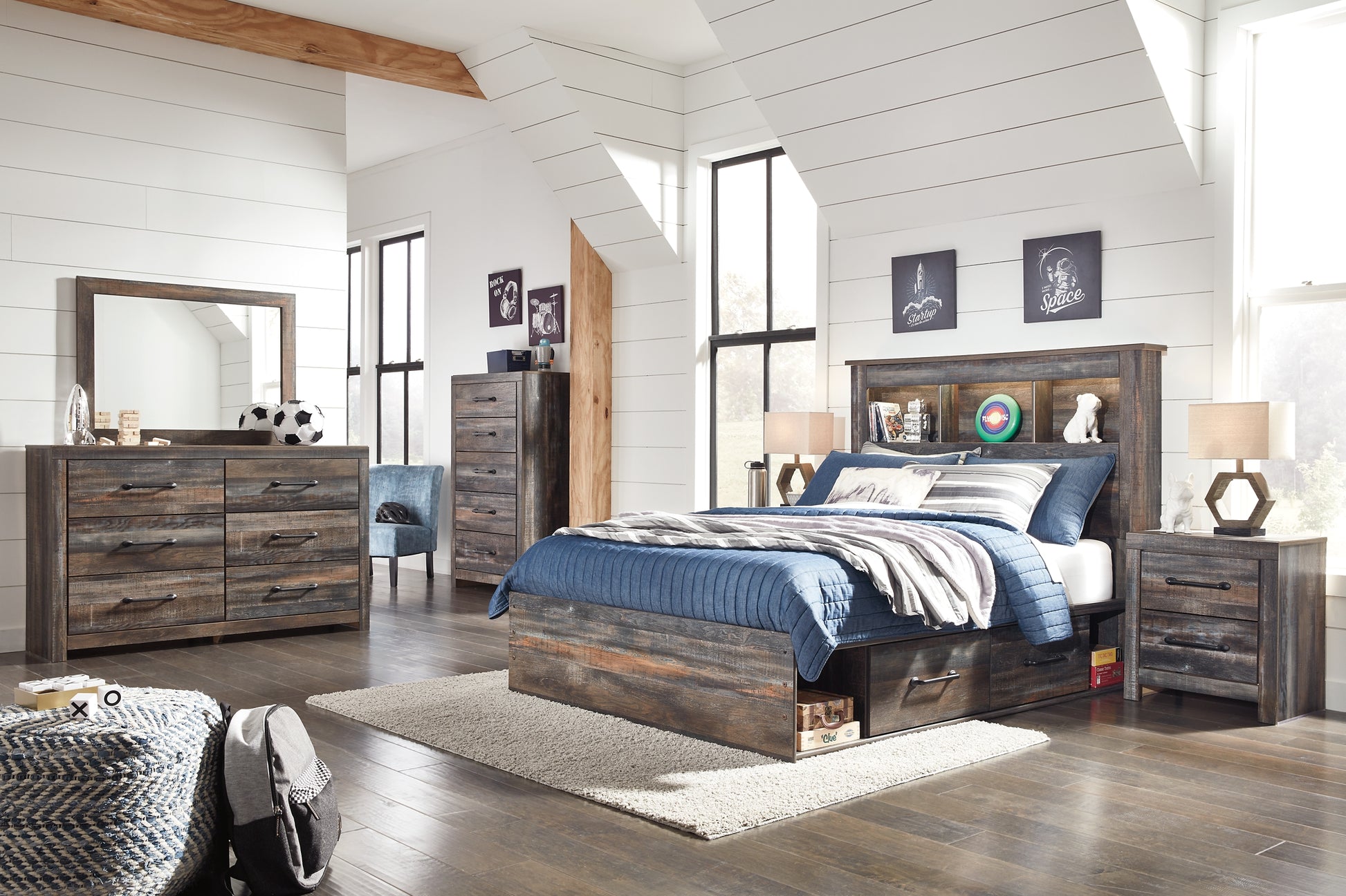 Drystan Full Bookcase Bed with 2 Storage Drawers with Mirrored Dresser and Chest Signature Design by Ashley®