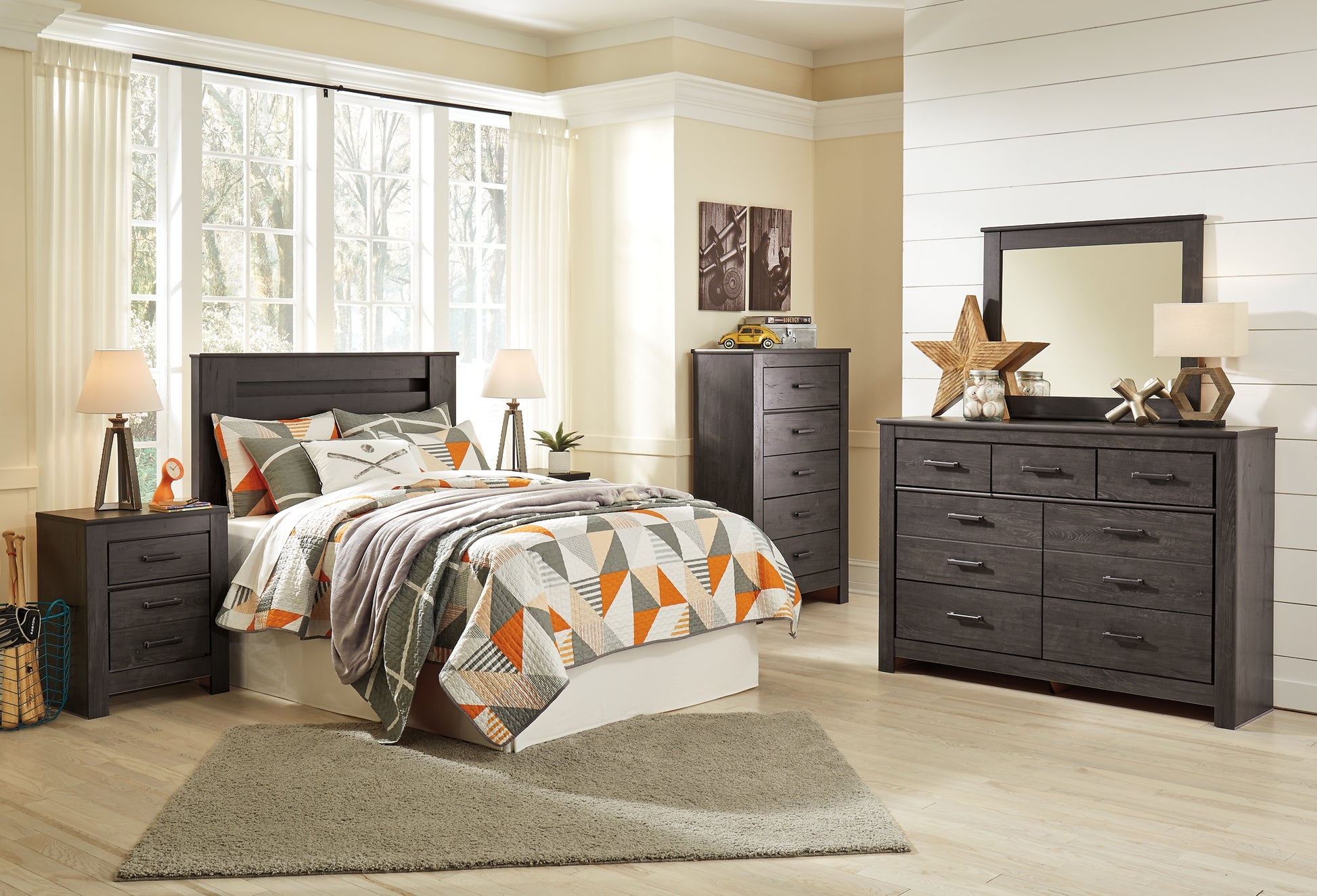 Brinxton Queen/Full Panel Headboard with Mirrored Dresser and 2 Nightstands Signature Design by Ashley®