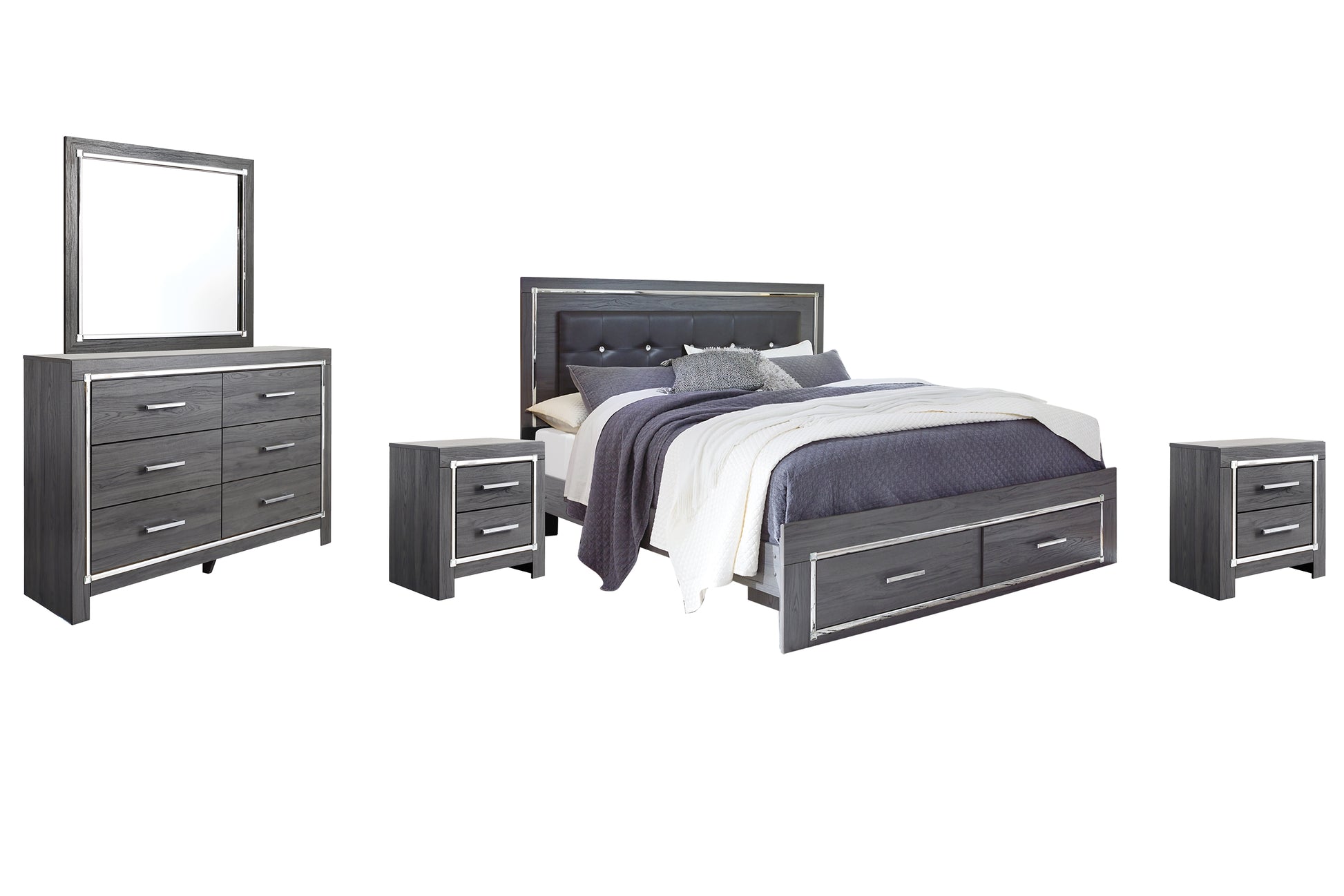 Lodanna King Panel Bed with 2 Storage Drawers with Mirrored Dresser and 2 Nightstands Signature Design by Ashley®