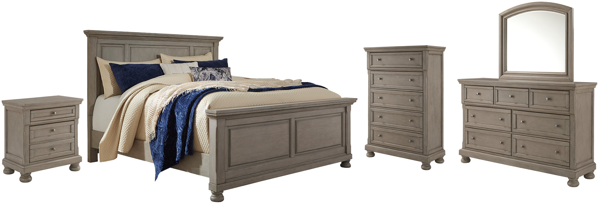 Lettner California King Panel Bed with Mirrored Dresser, Chest and Nightstand Signature Design by Ashley®