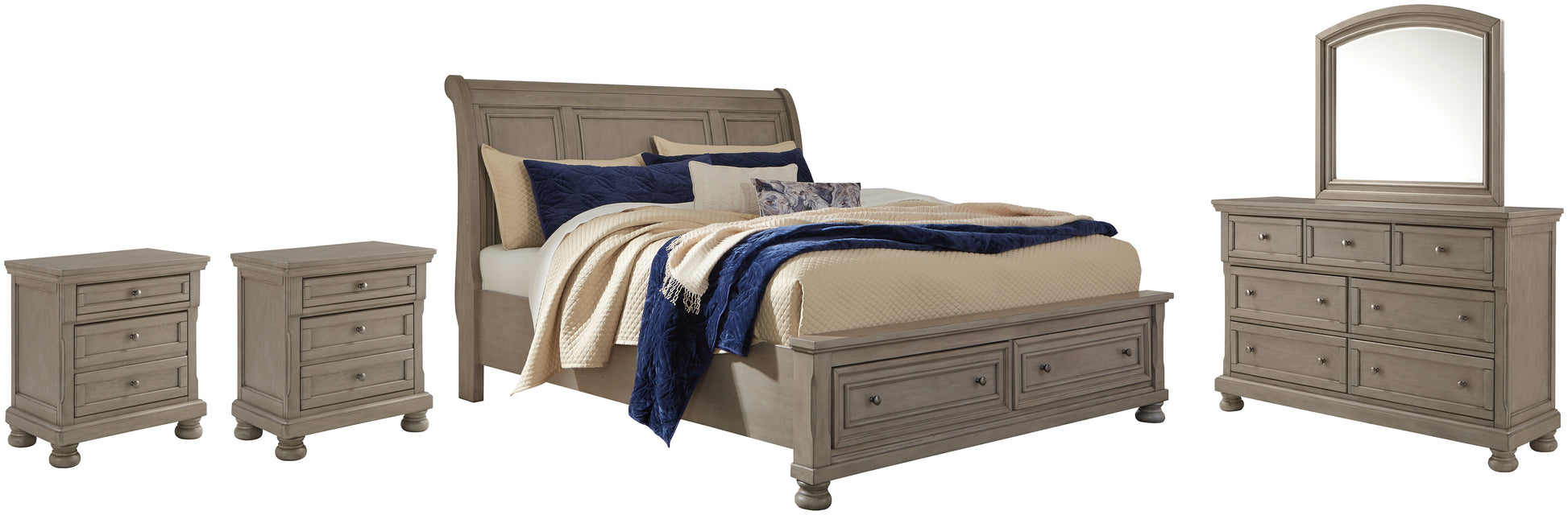 Lettner King Sleigh Bed with 2 Storage Drawers with Mirrored Dresser and 2 Nightstands Signature Design by Ashley®