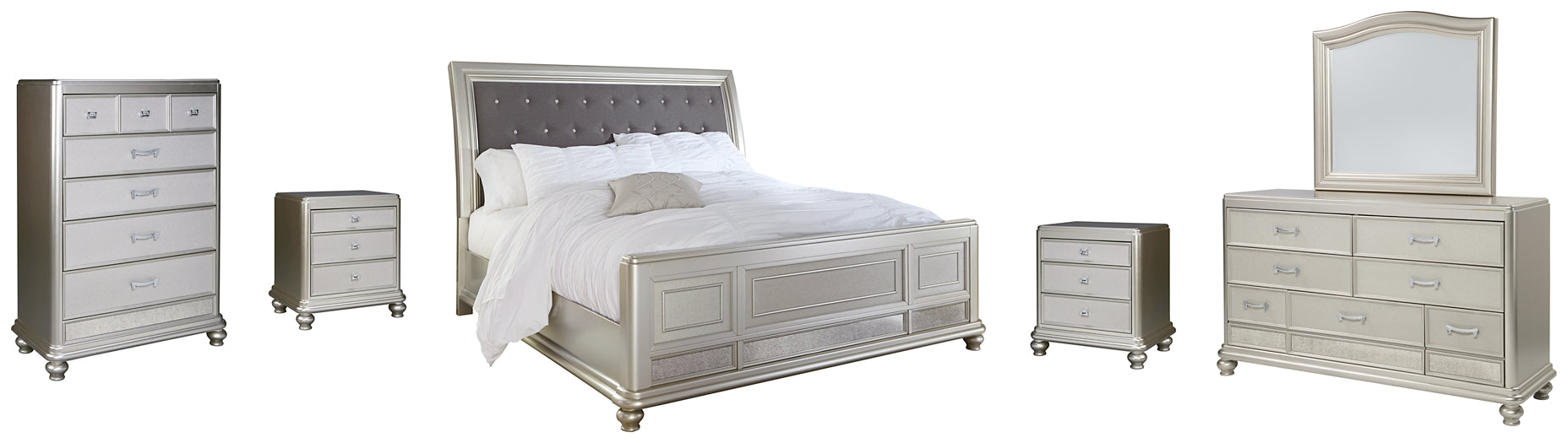 Coralayne King Upholstered Sleigh Bed with Mirrored Dresser, Chest and 2 Nightstands Signature Design by Ashley®