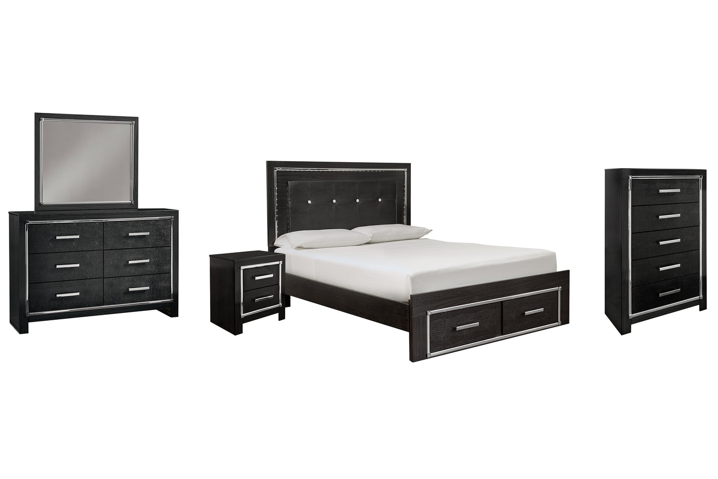 Kaydell Queen Panel Bed with Storage with Mirrored Dresser, Chest and Nightstand Signature Design by Ashley®