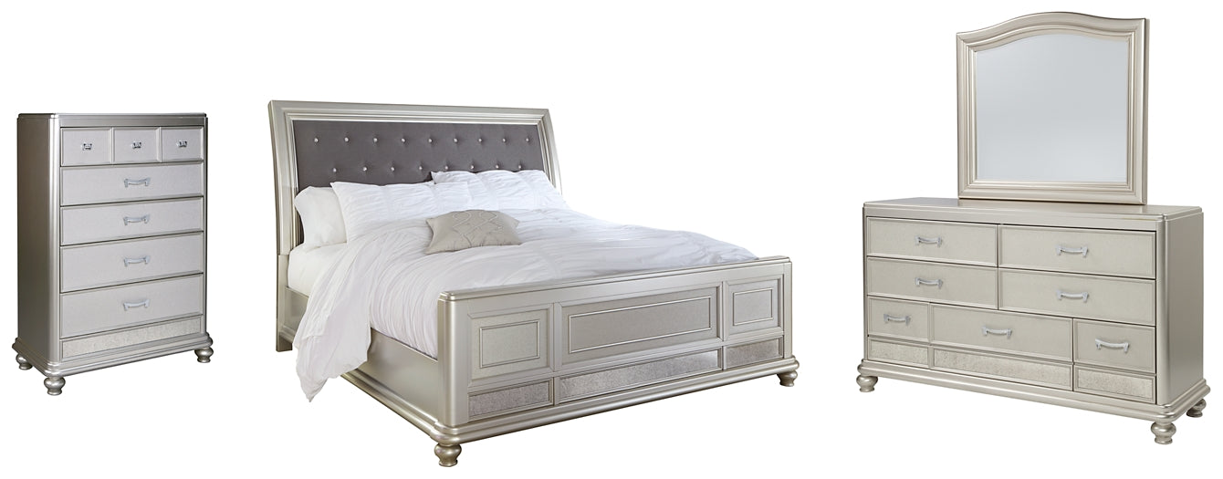 Coralayne King Upholstered Sleigh Bed with Mirrored Dresser and Chest Signature Design by Ashley®