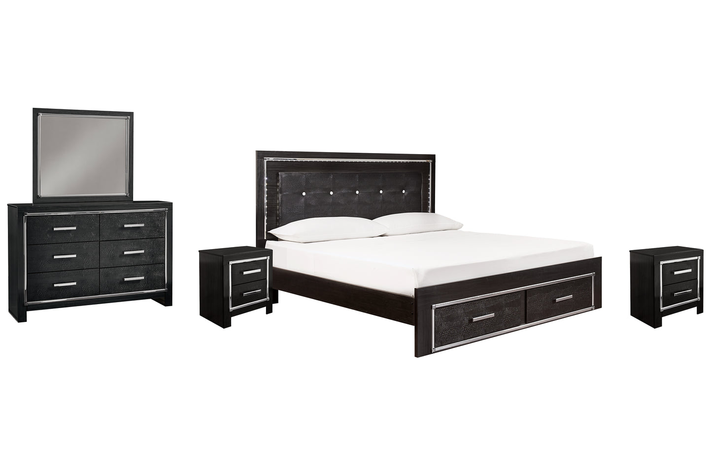 Kaydell King Panel Bed with Storage with Mirrored Dresser and 2 Nightstands Signature Design by Ashley®