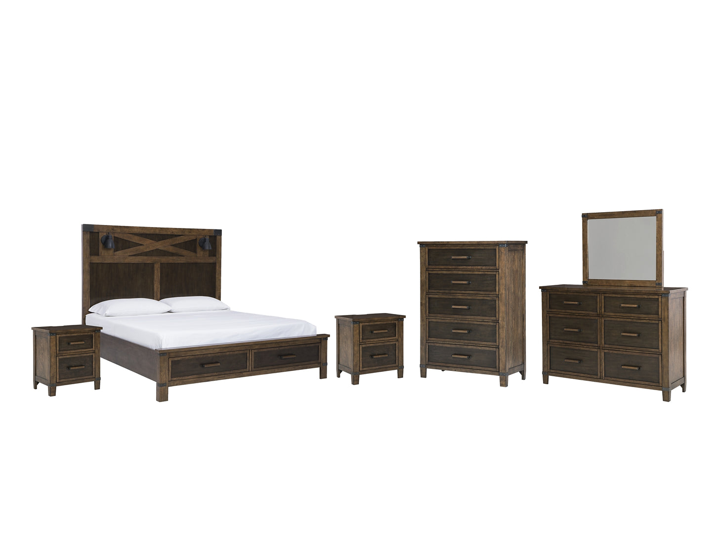 Wyattfield King Panel Bed with Mirrored Dresser, Chest and 2 Nightstands Benchcraft®