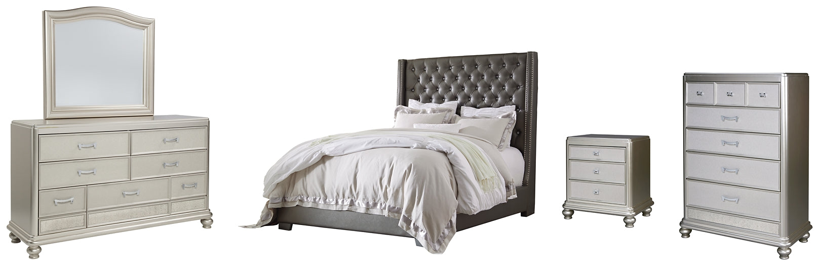Coralayne King Upholstered Bed with Mirrored Dresser, Chest and Nightstand Signature Design by Ashley®