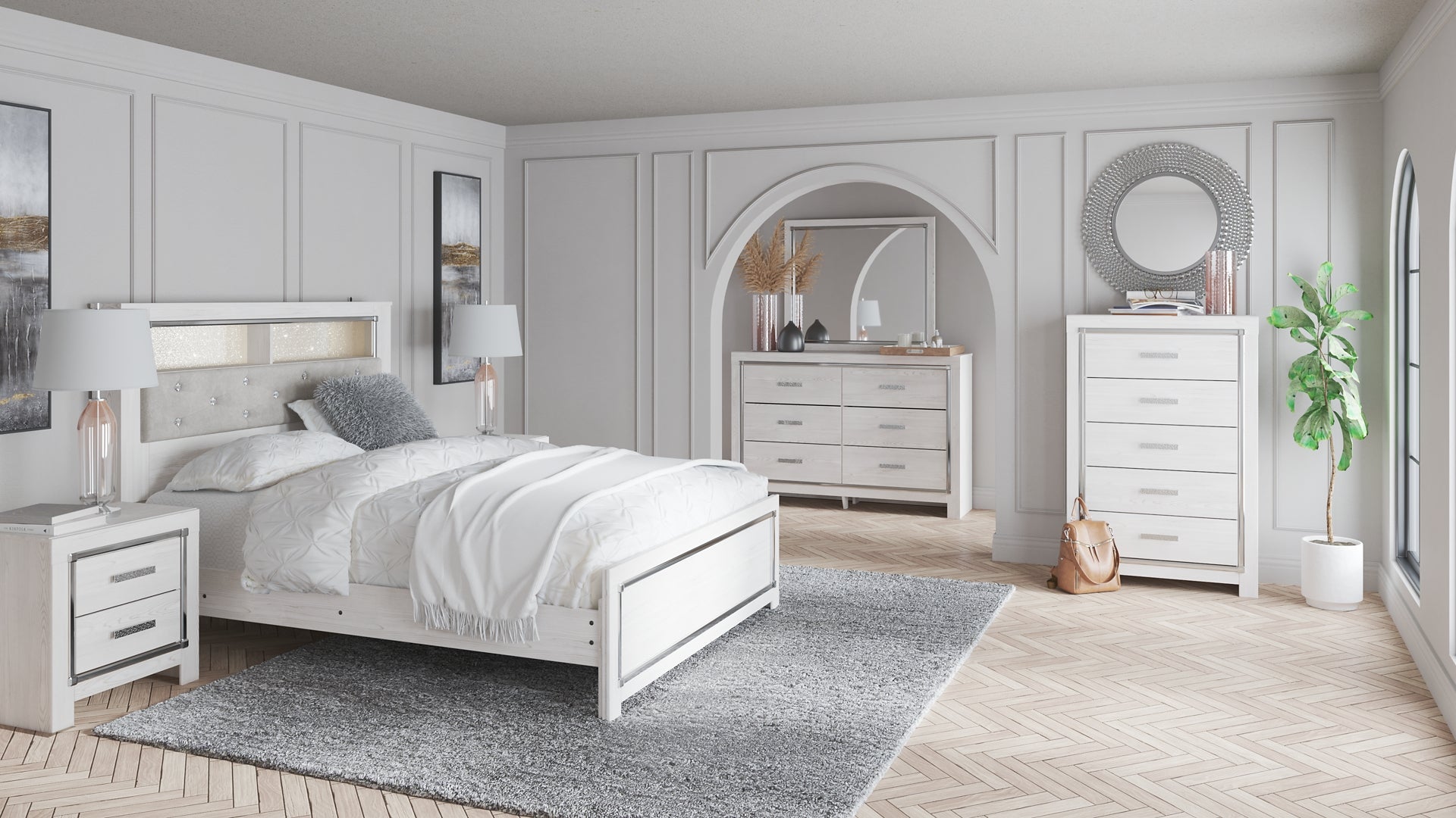 Altyra Queen Panel Bookcase Bed with Mirrored Dresser, Chest and 2 Nightstands Signature Design by Ashley®