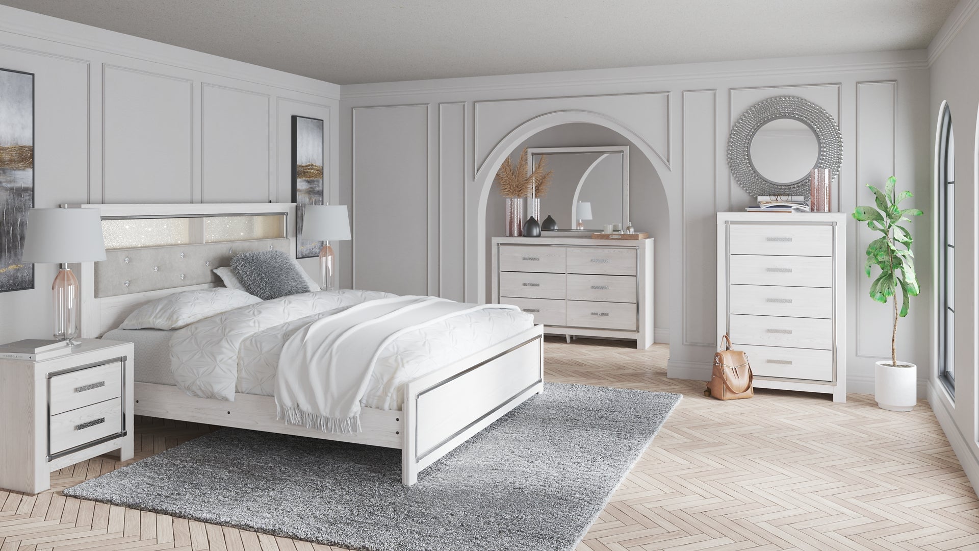 Altyra King Panel Bookcase Bed with Mirrored Dresser and 2 Nightstands Signature Design by Ashley®