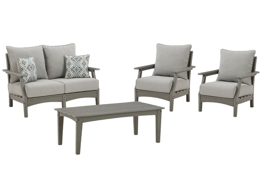 Visola Outdoor Loveseat and 2 Lounge Chairs with Coffee Table Signature Design by Ashley®