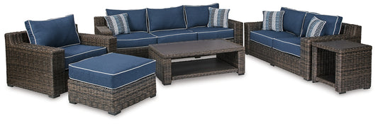 Grasson Lane Outdoor Sofa, Loveseat, Lounge Chair and Ottoman with Coffee Table and End Table Signature Design by Ashley®