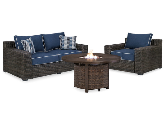 Grasson Lane Outdoor Loveseat and 2 Lounge Chairs with Fire Pit Table Signature Design by Ashley®