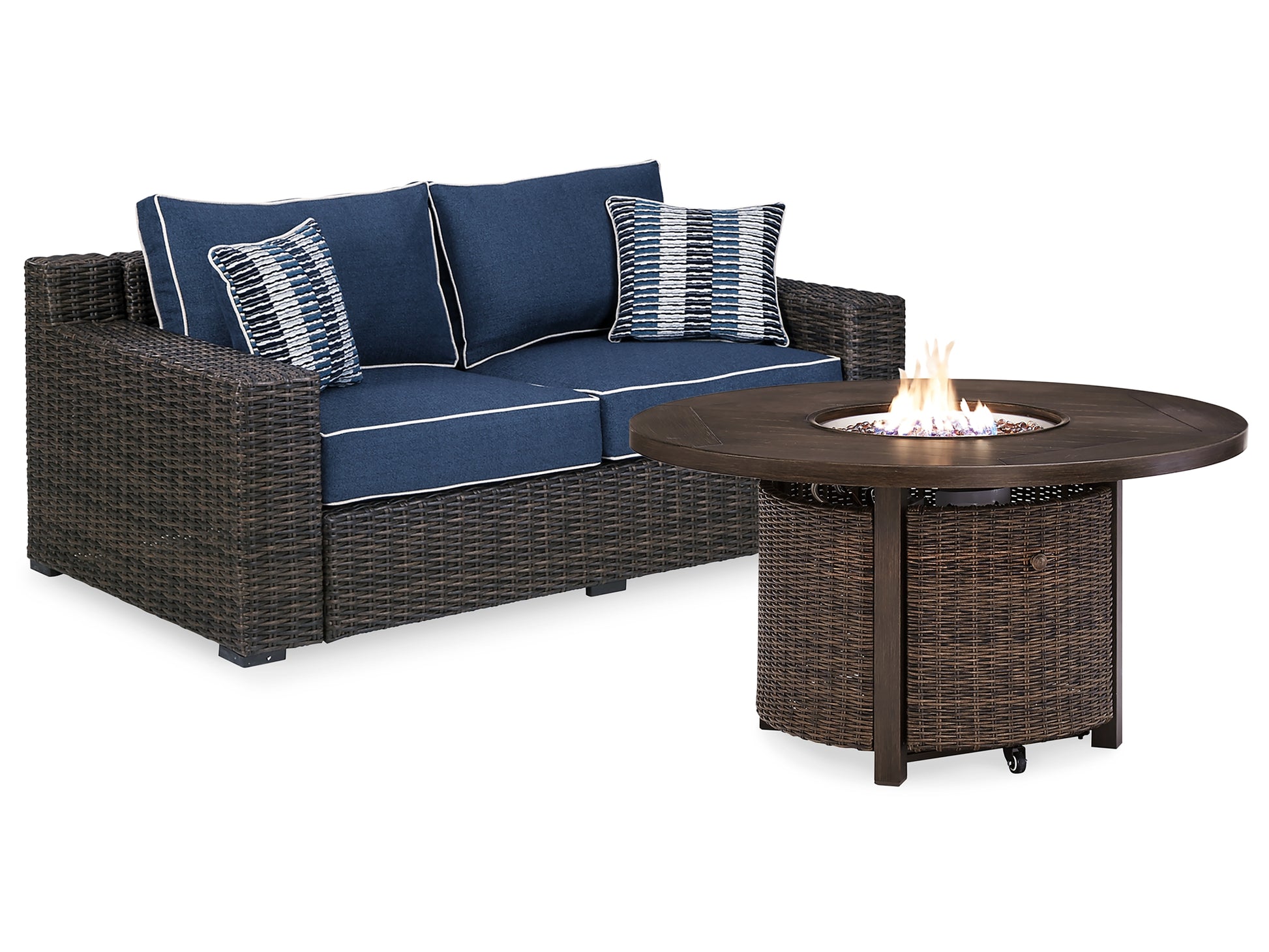 Grasson Lane Outdoor Loveseat with Fire Pit Table Signature Design by Ashley®