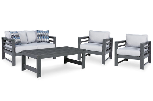Amora Outdoor Loveseat and 2 Chairs with Coffee Table Signature Design by Ashley®