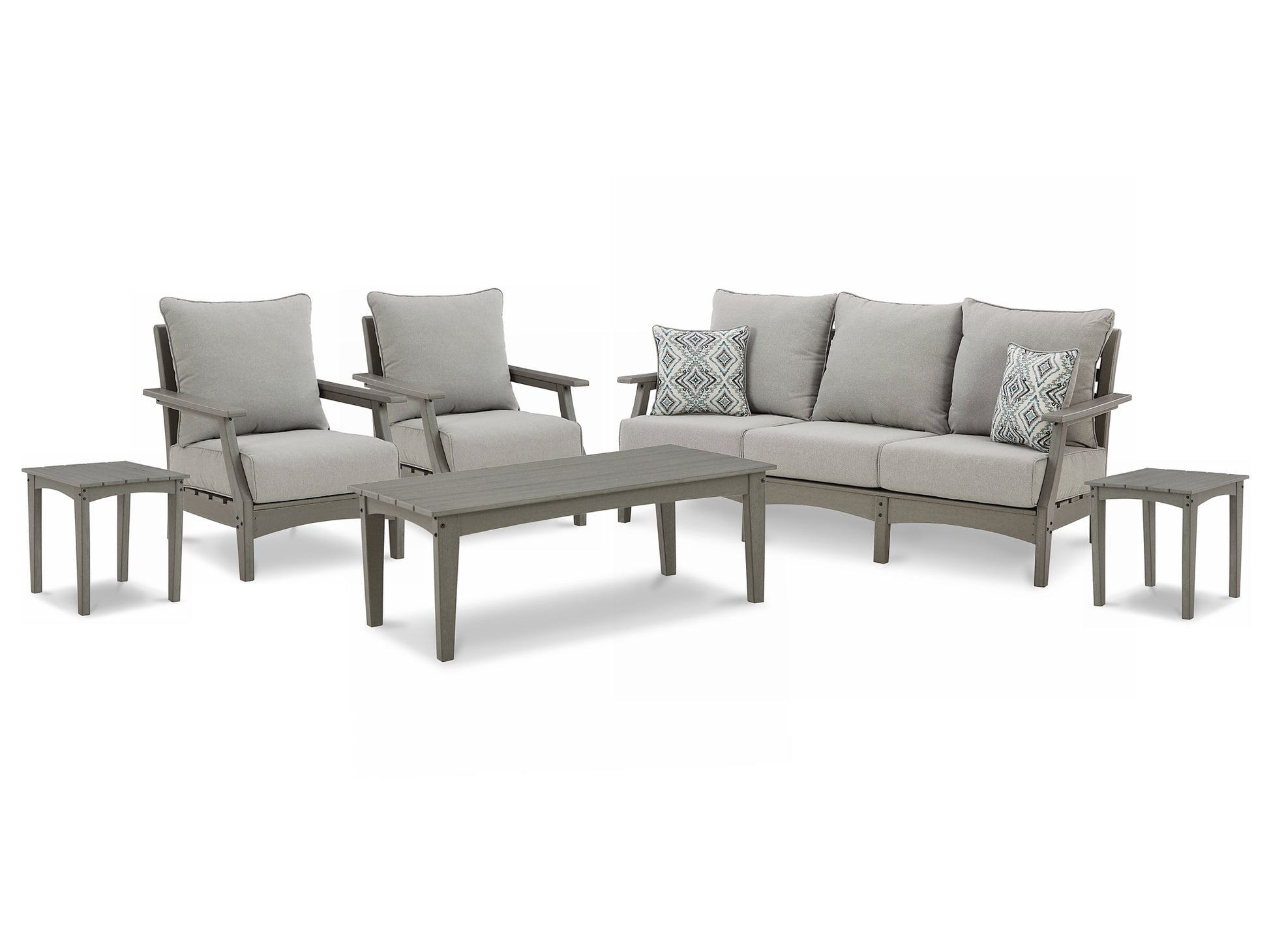 Visola Outdoor Sofa and  2 Lounge Chairs with Coffee Table and 2 End Tables Signature Design by Ashley®