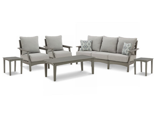 Visola Outdoor Sofa and  2 Lounge Chairs with Coffee Table and 2 End Tables Signature Design by Ashley®