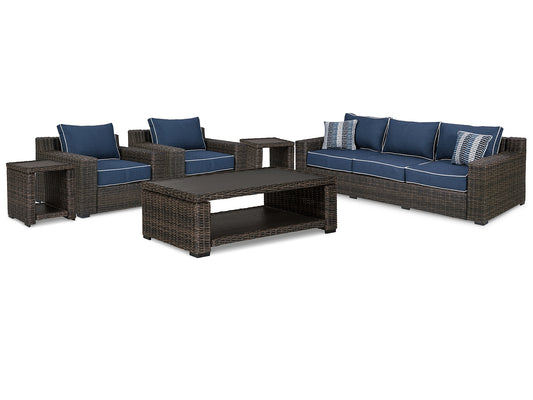 Grasson Lane Outdoor Sofa and  2 Lounge Chairs with Coffee Table and 2 End Tables Signature Design by Ashley®